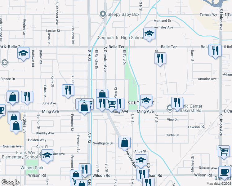 map of restaurants, bars, coffee shops, grocery stores, and more near 1418 El Sereno Drive in Bakersfield