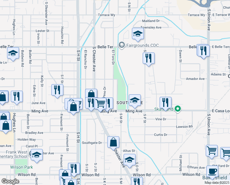 map of restaurants, bars, coffee shops, grocery stores, and more near 1416 El Toro Drive in Bakersfield