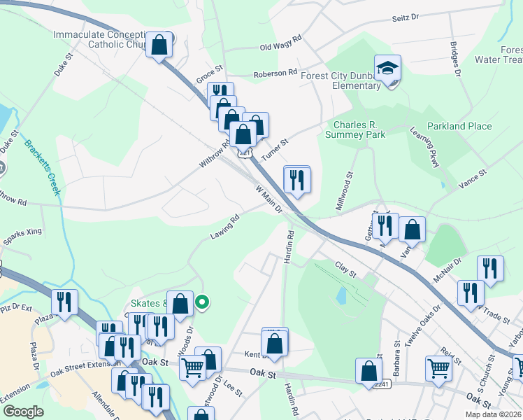 map of restaurants, bars, coffee shops, grocery stores, and more near 221 West Main Drive in Forest City
