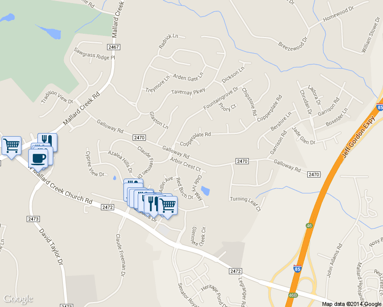 map of restaurants, bars, coffee shops, grocery stores, and more near 2100 Galloway Road in Charlotte