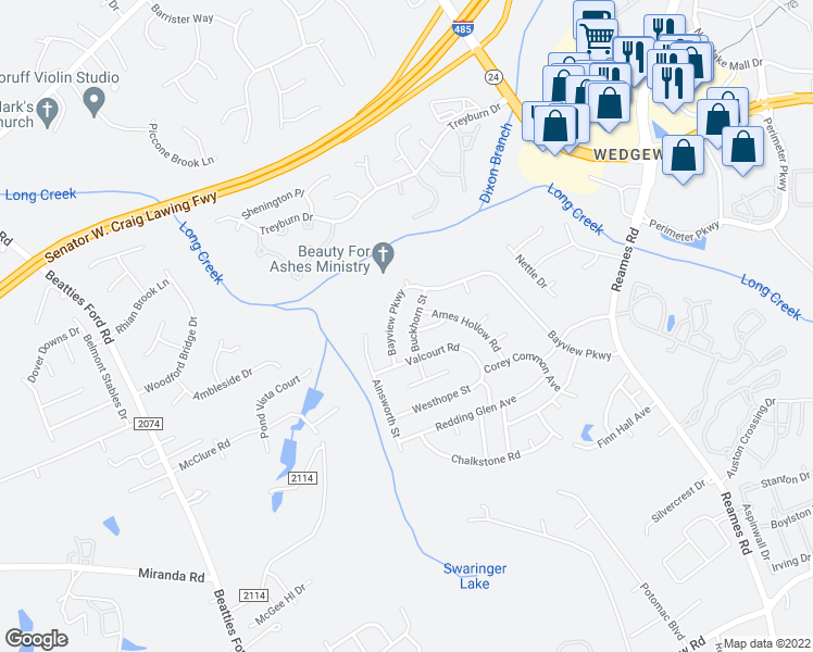 map of restaurants, bars, coffee shops, grocery stores, and more near 8707 Buckhorn Street in Charlotte