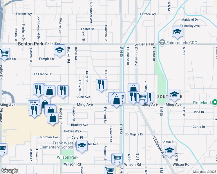 map of restaurants, bars, coffee shops, grocery stores, and more near 1900 Talisman Drive in Bakersfield