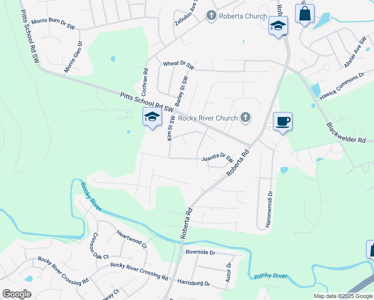 map of restaurants, bars, coffee shops, grocery stores, and more near 5346 Parksie Court Southwest in Concord