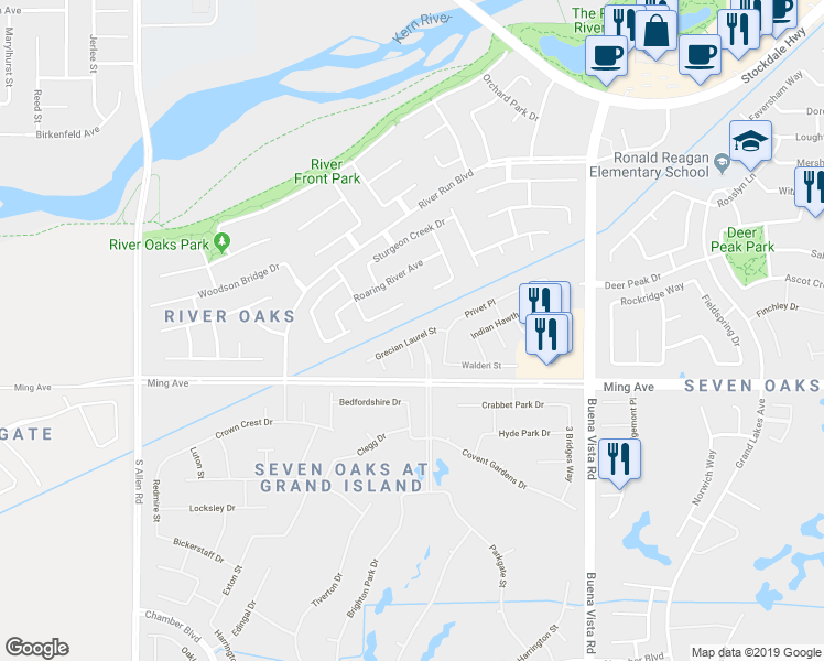 map of restaurants, bars, coffee shops, grocery stores, and more near 11900 Grecian Laurel Street in Bakersfield