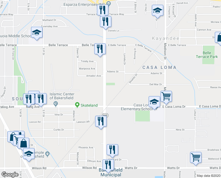 map of restaurants, bars, coffee shops, grocery stores, and more near 1220 South Union Avenue in Bakersfield