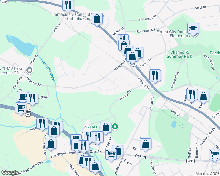 map of restaurants, bars, coffee shops, grocery stores, and more near 206 Oldcastle Lane in Forest City