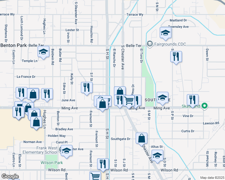 map of restaurants, bars, coffee shops, grocery stores, and more near 1417 El Rancho Drive in Bakersfield