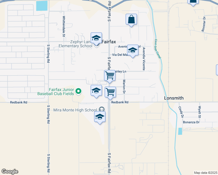 map of restaurants, bars, coffee shops, grocery stores, and more near 1500 South Fairfax Road in Bakersfield