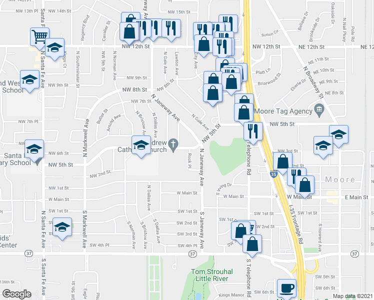 map of restaurants, bars, coffee shops, grocery stores, and more near 509 Rock Place in Moore