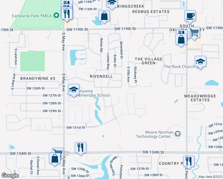 map of restaurants, bars, coffee shops, grocery stores, and more near 2520 Southwest 125th Street in Oklahoma City
