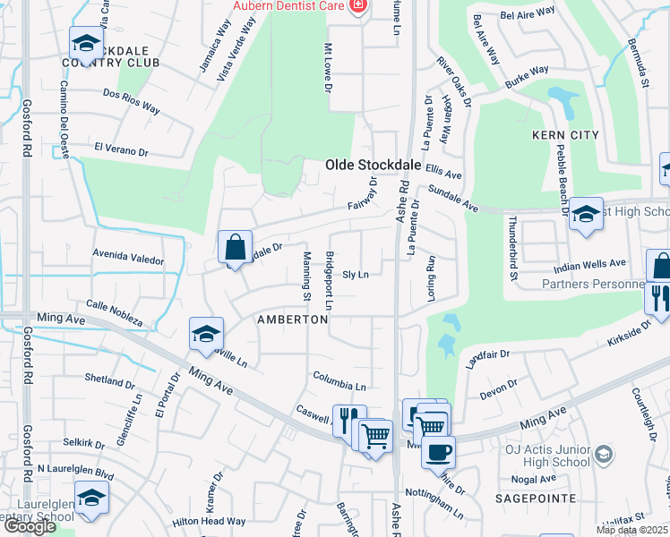 map of restaurants, bars, coffee shops, grocery stores, and more near 6712 Sly Lane in Bakersfield