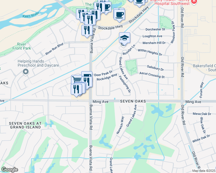 map of restaurants, bars, coffee shops, grocery stores, and more near 1505 McPherson Lane in Bakersfield
