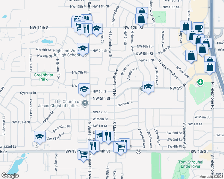 map of restaurants, bars, coffee shops, grocery stores, and more near 1005 Northwest 6th Street in Moore