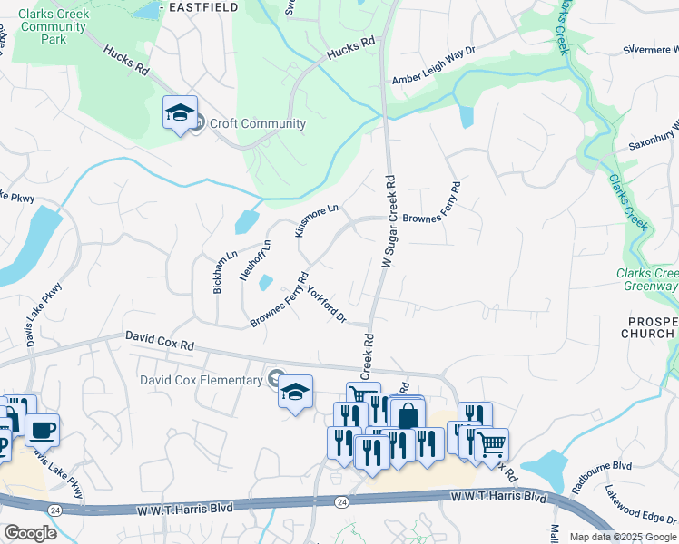 map of restaurants, bars, coffee shops, grocery stores, and more near 7101 Milhof Court in Charlotte