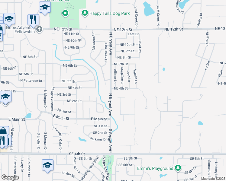 map of restaurants, bars, coffee shops, grocery stores, and more near 601 Oak Creek Drive in Moore