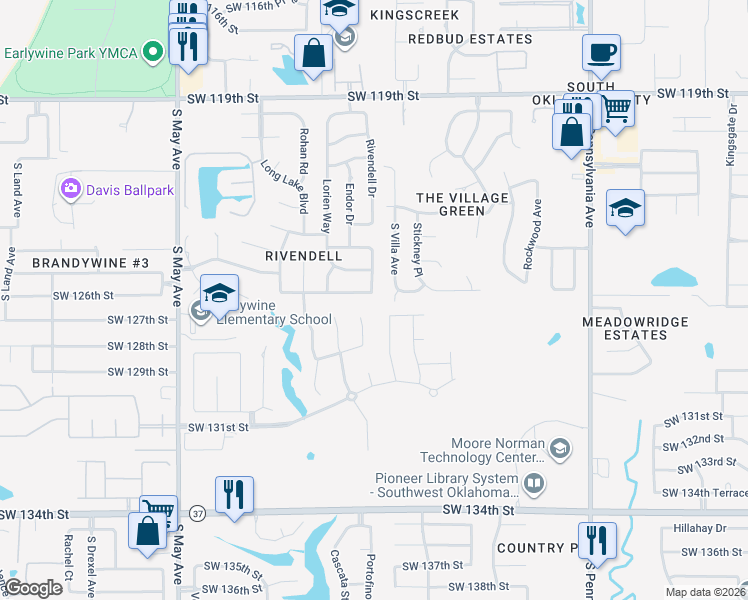 map of restaurants, bars, coffee shops, grocery stores, and more near 2500 Southwest 125th Street in Oklahoma City