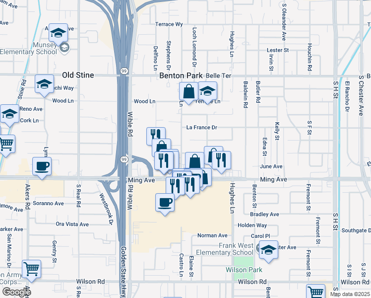 map of restaurants, bars, coffee shops, grocery stores, and more near 1302 Castro Lane in Bakersfield