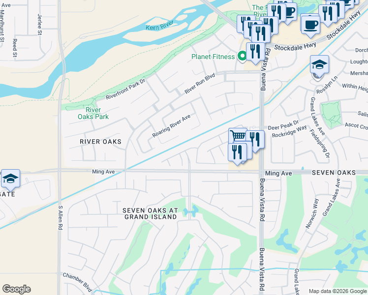 map of restaurants, bars, coffee shops, grocery stores, and more near 11822 Grecian Laurel Street in Bakersfield