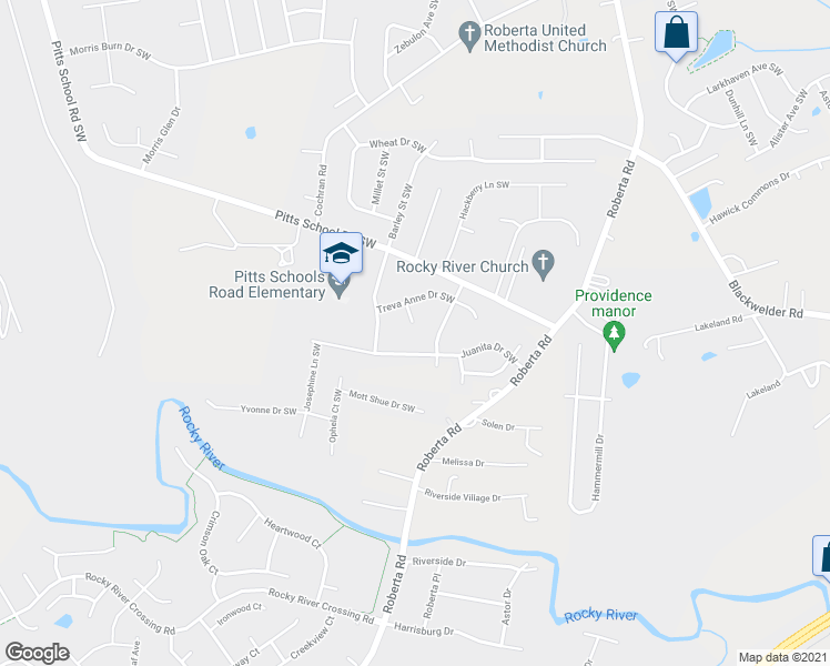 map of restaurants, bars, coffee shops, grocery stores, and more near 5346 Parksie Court Southwest in Concord
