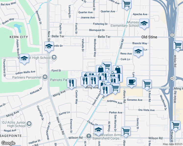 map of restaurants, bars, coffee shops, grocery stores, and more near 1415 McDonald Way in Bakersfield