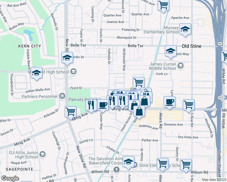 map of restaurants, bars, coffee shops, grocery stores, and more near 1414 Valhalla Drive in Bakersfield