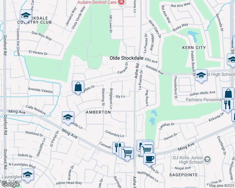 map of restaurants, bars, coffee shops, grocery stores, and more near 6712 Sly Lane in Bakersfield