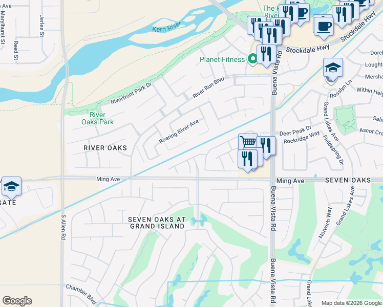 map of restaurants, bars, coffee shops, grocery stores, and more near 11822 Grecian Laurel Street in Bakersfield