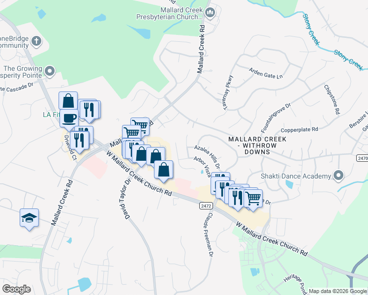 map of restaurants, bars, coffee shops, grocery stores, and more near 3029 Azalea Hills Drive in Charlotte
