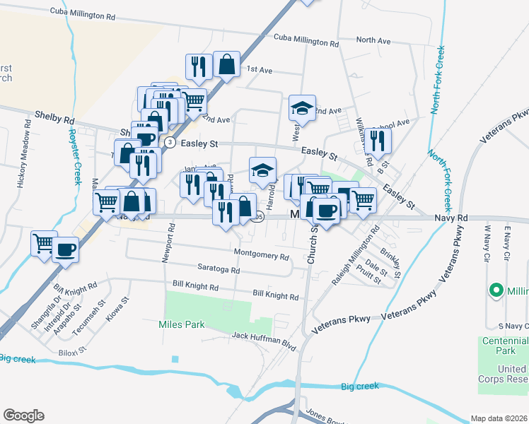 map of restaurants, bars, coffee shops, grocery stores, and more near 4877 Navy Road in Millington