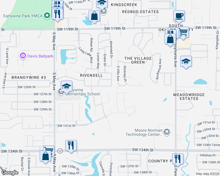 map of restaurants, bars, coffee shops, grocery stores, and more near 2500 Southwest 125th Street in Oklahoma City