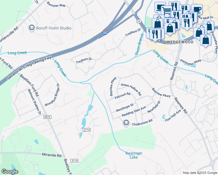 map of restaurants, bars, coffee shops, grocery stores, and more near 9810 Bayview Parkway in Charlotte