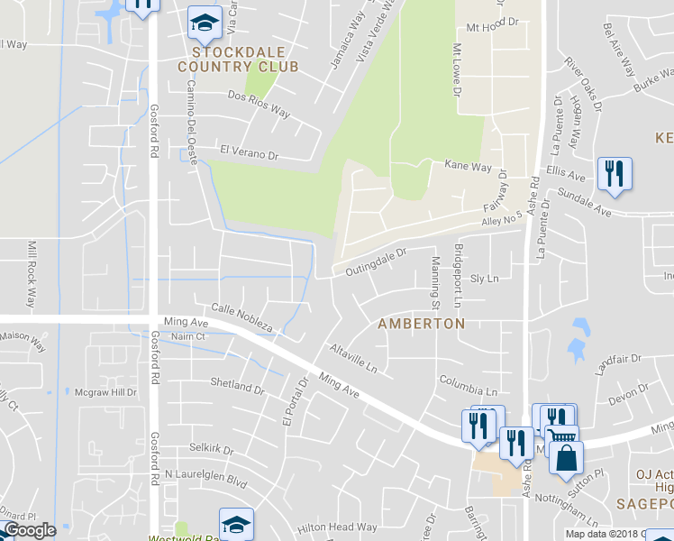 map of restaurants, bars, coffee shops, grocery stores, and more near 7305 Outingdale Drive in Bakersfield