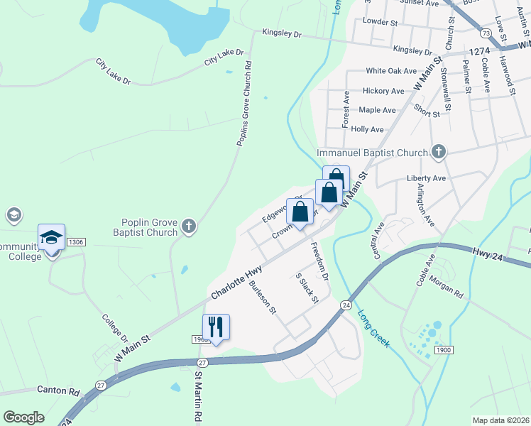 map of restaurants, bars, coffee shops, grocery stores, and more near 2126 Edgewood Dr in Albemarle