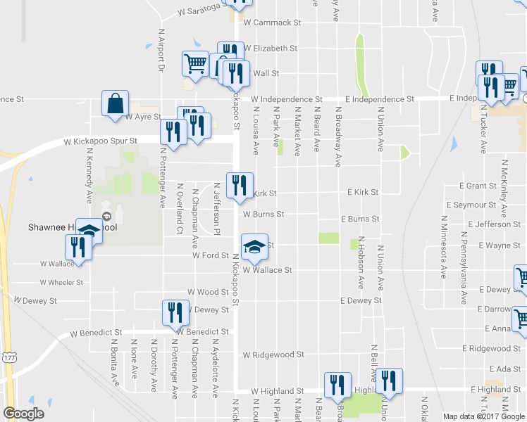 map of restaurants, bars, coffee shops, grocery stores, and more near 1001 North Louisa Avenue in Shawnee