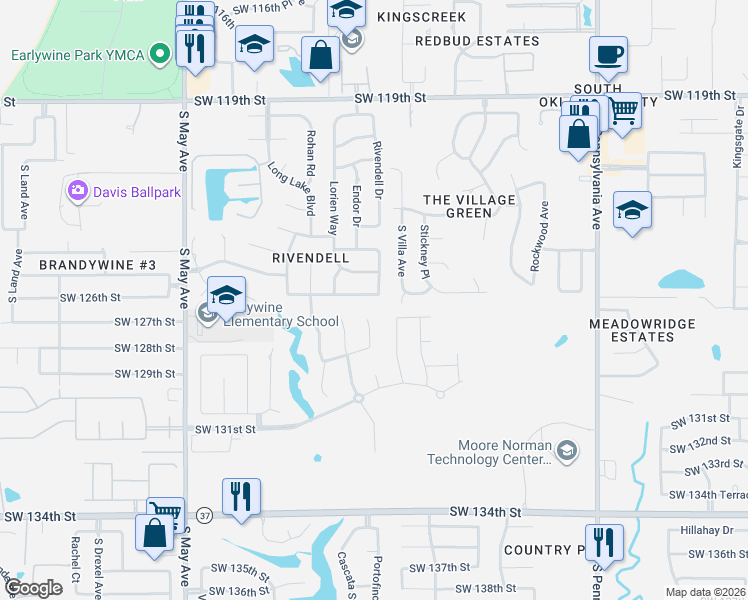 map of restaurants, bars, coffee shops, grocery stores, and more near 2500 Southwest 125th Street in Oklahoma City