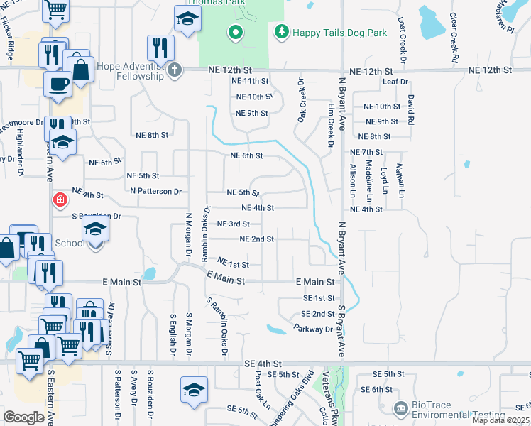 map of restaurants, bars, coffee shops, grocery stores, and more near 1600 Northeast 4th Street in Moore