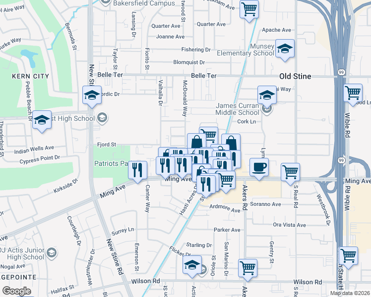 map of restaurants, bars, coffee shops, grocery stores, and more near 1415 McDonald Way in Bakersfield