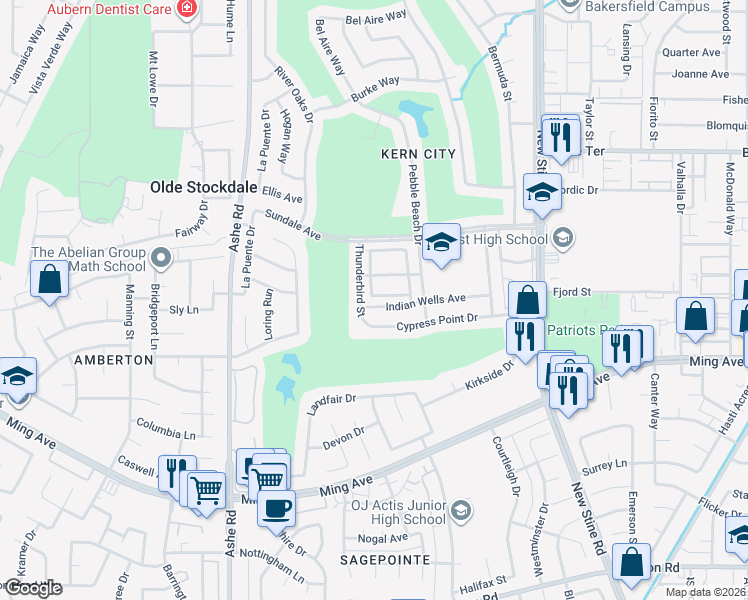 map of restaurants, bars, coffee shops, grocery stores, and more near 6104 Indian Wells Avenue in Bakersfield