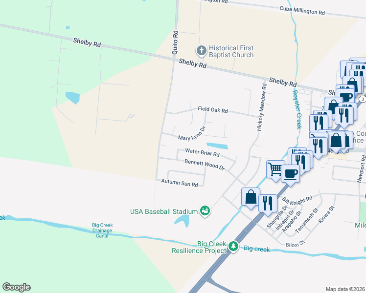map of restaurants, bars, coffee shops, grocery stores, and more near 4244 Water Briar Road in Millington