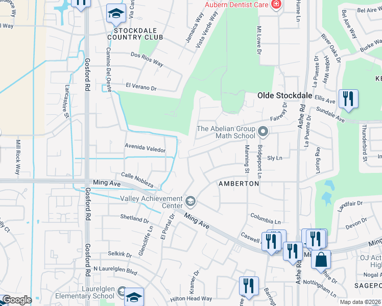 map of restaurants, bars, coffee shops, grocery stores, and more near 7305 Outingdale Drive in Bakersfield