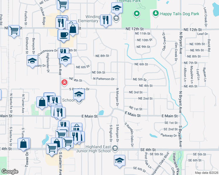 map of restaurants, bars, coffee shops, grocery stores, and more near 1124 Northeast 4th Street in Moore
