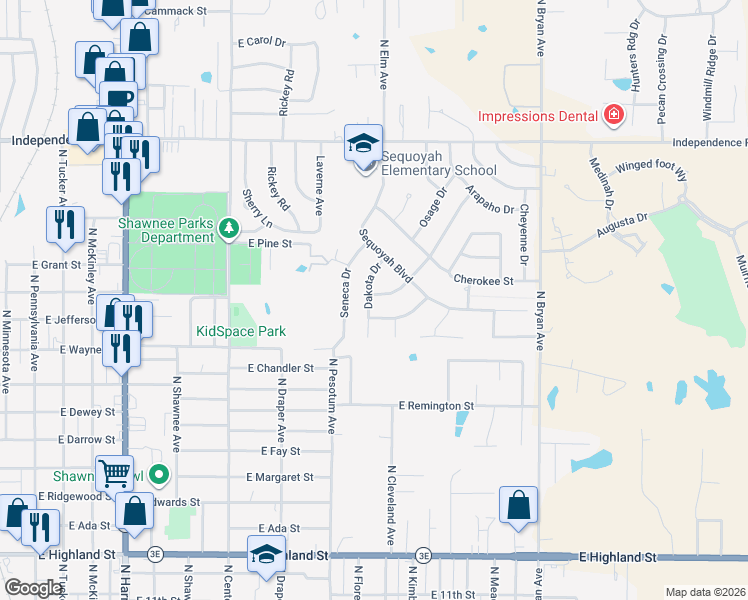 map of restaurants, bars, coffee shops, grocery stores, and more near 44 Mojave Drive in Shawnee