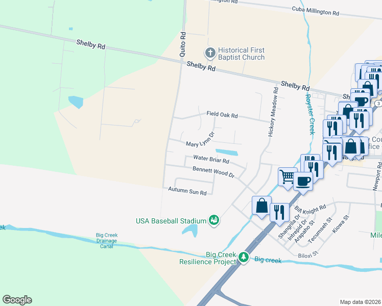 map of restaurants, bars, coffee shops, grocery stores, and more near 4244 Water Briar Road in Millington