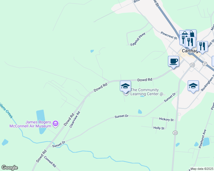map of restaurants, bars, coffee shops, grocery stores, and more near 511 Dowd Road in Carthage
