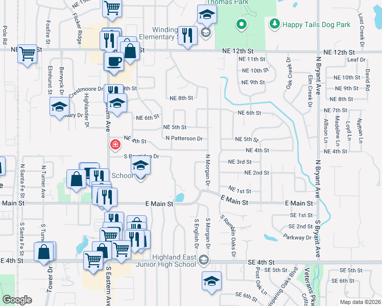 map of restaurants, bars, coffee shops, grocery stores, and more near 1124 Northeast 4th Street in Moore