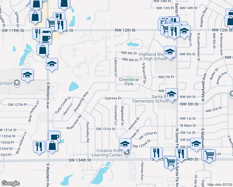 map of restaurants, bars, coffee shops, grocery stores, and more near 421 Cypress Drive in Oklahoma City