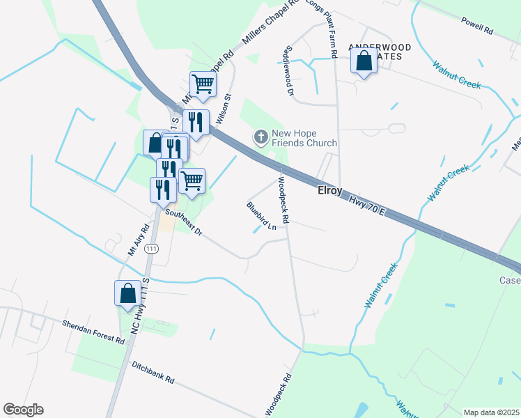 map of restaurants, bars, coffee shops, grocery stores, and more near 177 Bluebird Lane in Goldsboro