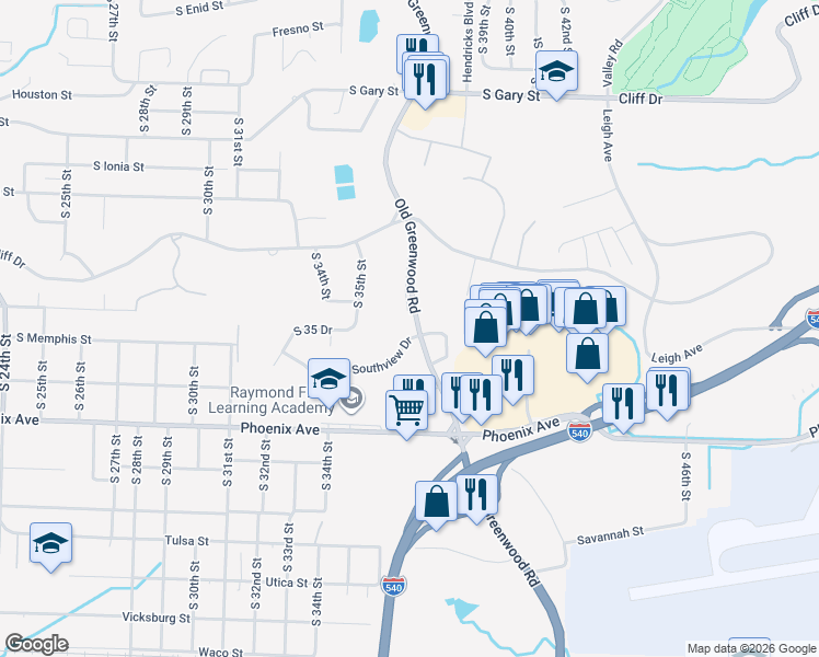 map of restaurants, bars, coffee shops, grocery stores, and more near 3623 Southview Drive in Fort Smith