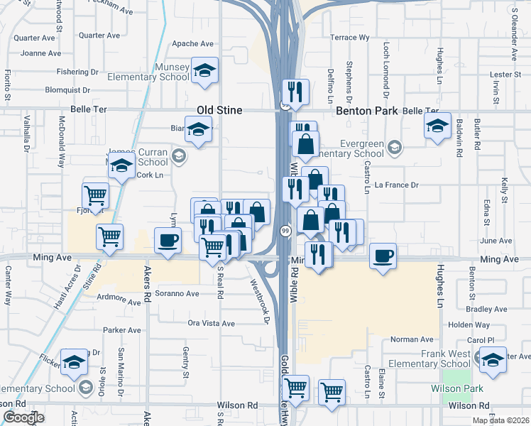 map of restaurants, bars, coffee shops, grocery stores, and more near 3321 Granada Avenue in Bakersfield