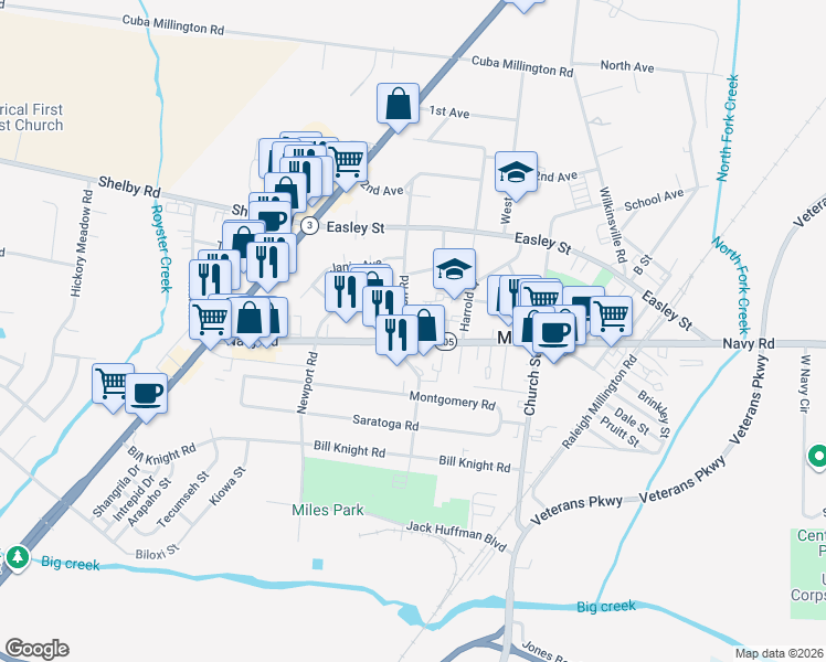 map of restaurants, bars, coffee shops, grocery stores, and more near 4036 Nelson Road in Millington